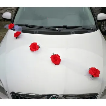 Svatební dekorace Girlanda na auto - tylová šerpa s růžemi - červená - 1ks