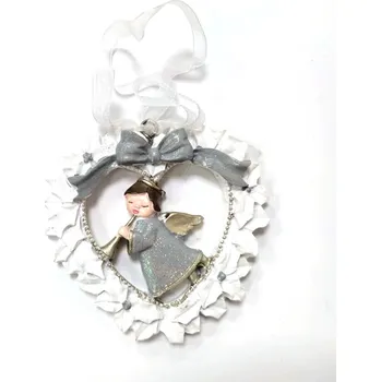 Vánoce Srdíčko s andílkem polyrezin 8 cm - bílo - stříbrné