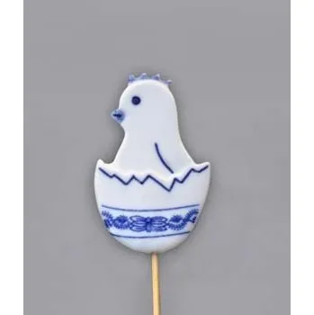 Velikonoční dekorace Cibulák Velikonoční ozdoba kuřátko ve skořápce zápich 29 cm, originální cibulákový porcelán Dubí, cibulový vzor,