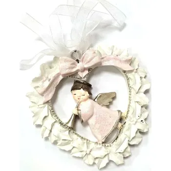 Vánoční dekorace Srdíčko s andílkem polyrezin 8 cm - bílo - růžové