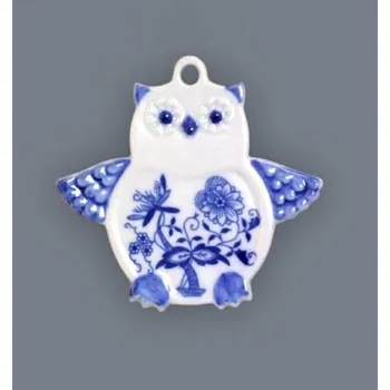 Vánoce Cibulák vánoční ozdoba sova 9 cm originální cibulákový porcelán Dubí, cibulový vzor,