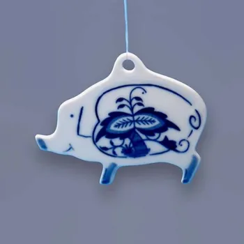 Vánoční dekorace Cibulák vánoční ozdoba prasátko závěs 7,7 cm, originální cibulákový porcelán Dubí, cibulový vzor