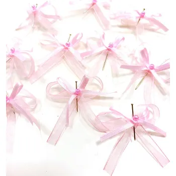 Svatební dekorace Svatební mašličky s perličkou 4 cm - sv.růžové šifonové - 50 ks