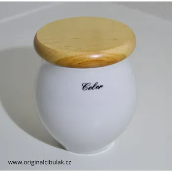 Dóza na potraviny dóza Baňák s dřevěným uzávěrem Celer bílá 10 cm český porcelán Dubí