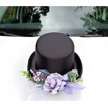 Svatební dekorace Cylindr černý na auto LUX - fialová kytička