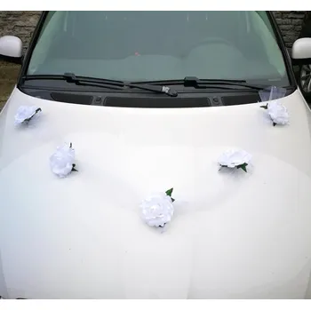 Svatební dekorace Girlanda na auto - tylová šerpa s bílými růžemi - 1ks