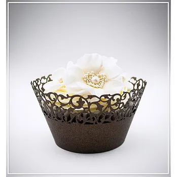 Svatební dekorace Svatební košíček na dortíky (muffin) - ornament hnědý - 12 ks