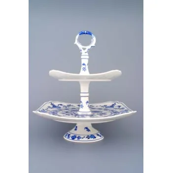 Cibulák Etažér 2-dílný talíře hranaté na noze nízký, porcelánová tyčka 30 cm originální cibulákový porcelán Dubí, cibulový vzor,