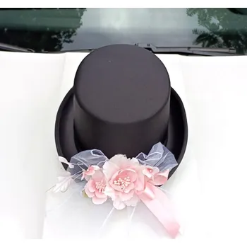Svatební dekorace Cylindr černý na auto LUX - pudrově růžová kytička