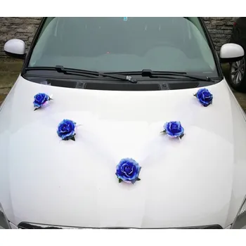 Svatební dekorace Girlanda na auto - tylová šerpa s růžemi - tm.modrá - 1ks