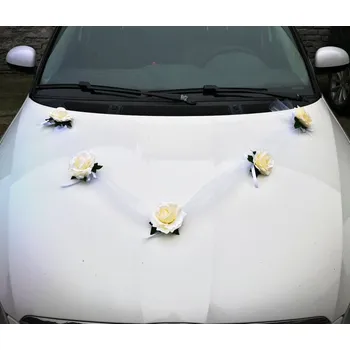 Svatební dekorace Girlanda na auto - tylová šerpa s růžemi - krémová - 1ks