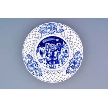 Talíř Cibulák talíř výroční 1997 závěsný reliéfní 18 cm originální cibulákový porcelán Dubí, cibulový vzor,