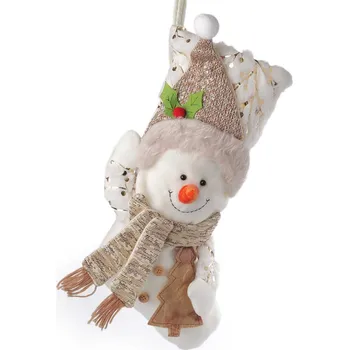 Vánoční dekorace Mikulášská/vánoční punčocha 25x50 cm - krémovo-zlatá se sněhulákem