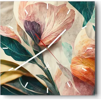 Hodiny Velké nástěnné hodiny na zeď 40x40 Květiny Skleněné hodiny Čtvercové Tiché