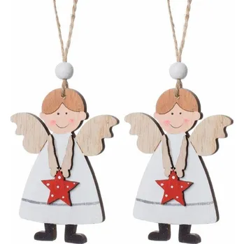 Vánoce Dekorace, dřevěná, závěsná, ANDĚLÉ, 17x7 cm, 2ks/bal.