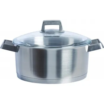 Hrnec Mehrzer, Mělký nerezový katrol s poklicí MEHRZER 24 cm, výška 11 cm, tloušťka stěny 0,8 mm, tloušťka dna 9,4 mm, záruka 100 let
