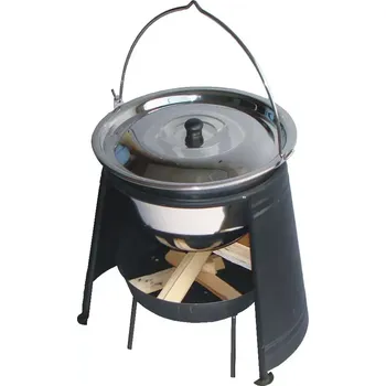 Kempingové nádobí Set závětří plamene 33, kotlík s poklicí nerezový 10 L 1,2 mm LUX a ohniště (chránič plamene a ohniště s nerezovým kotlíkem a poklicí na guláš)