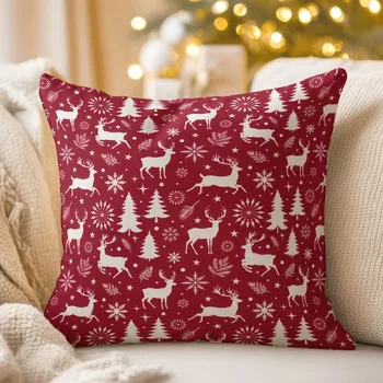 Povlak na polštářek Sametový povlak na polštář Tamara TMR-045 Vánoční jeleni a stromky na červeném 50 x 50 cm