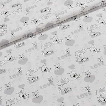 Bavlněné plátno dětské šedí pejsci na bílé, š.140cm (látka v metráži)