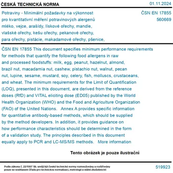 ČSN EN 17855 - Potraviny - Minimální požadavky na výkonnost pro kvantitativní měření potravinových alergenů mléko, vejce, arašídy, lískové ořechy, mandle, vlašské ořechy, kešu ořechy, pekanové ořechy, para ořechy, pistácie, makadamové ořechy, pšenice, lup