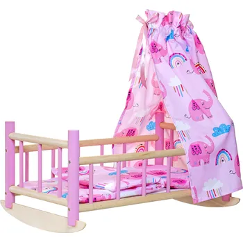 Doplněk pro panenku Kamari Dětská dřevěná kolébka pro panenky se závěsy růžová