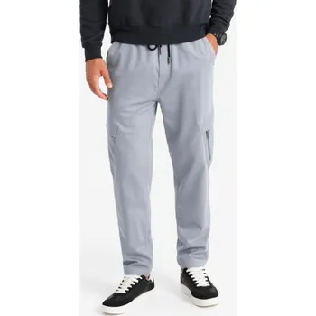 Pánské pletené tepláky s nákladovými kapsami - světle šedé