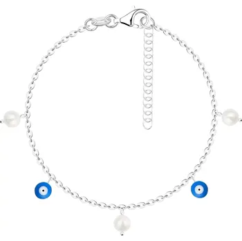 Náramek Šperky Eshop Stříbrný náramek 925 - kulaté přírodní perly, korálky s Fatiminým okem 150 mm
