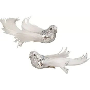 Vánoční dekorace Ptáčci na klipu s glitry stříbrní 8 cm, 2 ks 4404