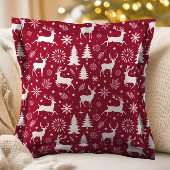 Povlak na polštářek Sametový povlak na polštář s lemem Tamara TMR-045 Vánoční jeleni a stromky na červeném 50 x 60 cm