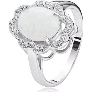 Prsten Prsten ze stříbra 925 - oválný bílý syntetický opál, obruba ze zirkonů - Velikost: 47