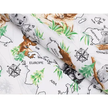 Bavlněná látka/plátno Sandra SA-546 Zvířata světa na bílém - šířka 160 cm