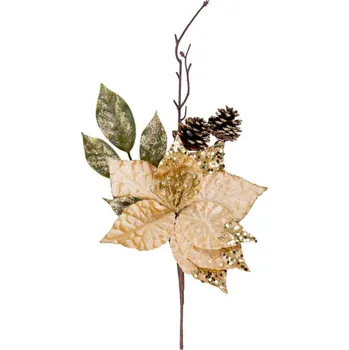Vánoční dekorace Větvička MAGICHOME VÁNOCE, s květem, zlatá, 34 cm