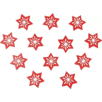 Vánoce Hvězdy dřevěné s vločkou a lepíkem 3 cm, 36 ks, červené 4792