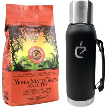 Čaj Výhodný set: Extra energie s termoskou, yerba maté Mate Green Mas Energia Guarana, černá nerezová termoska Un Mate