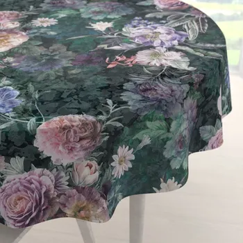 ubrus Dekorační kulatý ubrus BM-010 Velké fialové květy na tmavě zeleném Ø 100 cm