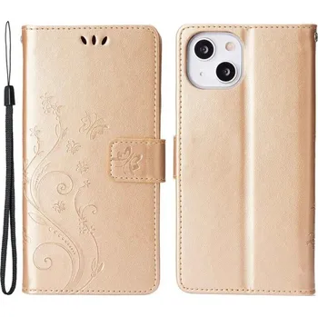 Pouzdro na mobilní telefon Flower PU kožené peněženkové pouzdro na mobil iPhone 14 6.1 - zlaté