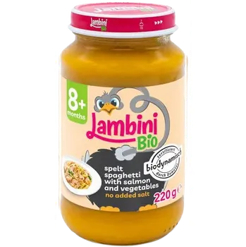 Dětská výživa LAMBINI BIO Demeter příkrm špaldové špagety, zelenina a losos 220 g