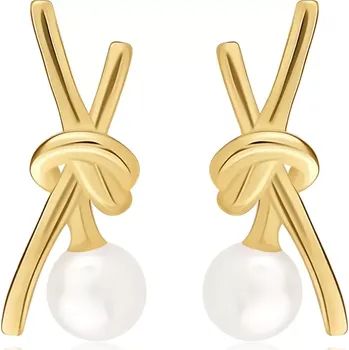 Náušnice Náušnice ze žlutého 14K zlata - zkřížené linie, bílá sladkovodní perla