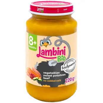 Dětská výživa LAMBINI BIO Demeter příkrm zelenina, batáty a hovězí 220 g