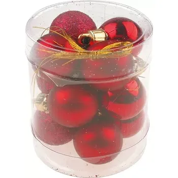 Vánoce Baňky mini červené, plast,mix povrchů 2,5cm, 12ks ve válci