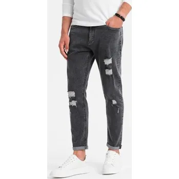 Pánské džíny Pratelné pánské džínové kalhoty TAPER FIT s odřenými nohavicemi - grafitové