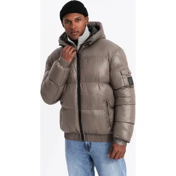 Pánská casual bunda Ombre Clothing Nadčasová prošívaná lesklá béžová bunda V3 JAHP-0207