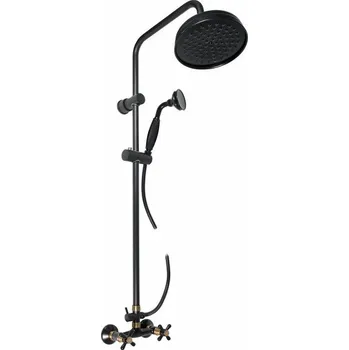 SLEZÁK RAV RAV SLEZÁK MORAVA RETRO Sprchový Systém (Černá Matná/Stará Mosaz), Nástěnná Kohoutková Baterie s Hlavovou Sprchou Ø 20 cm a Ruční Sprchou, Rozteč 15 cm