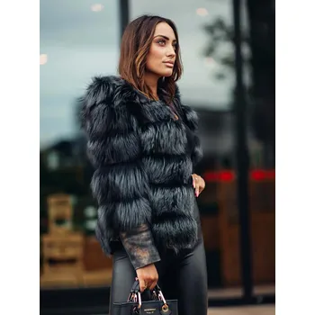 Dámský kožich Luxusní krátká jehněčí kožená bunda s bohatou kožešinou z pravé lišky černá se zlatou, VELIKOST M