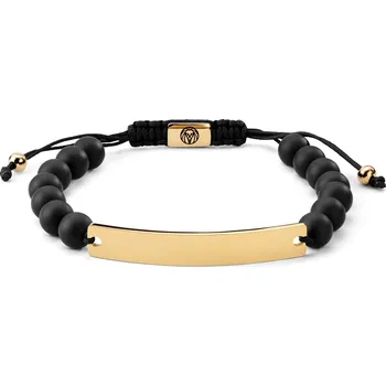 Náramek Náramek z onyxových korálků s nastavitelnou délkou a destičkou z nerezové oceli zlaté barvy - Lucleon