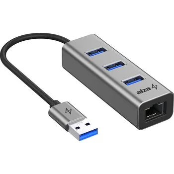 USB hub AlzaPower Metal USB hub USB-A (M) na 3× USB-A 3.0 (F) s RJ45 vesmírně šedý