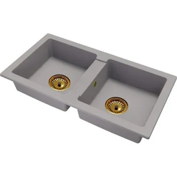 Granitový dřez Dvoukomorový granitový dřez BORYS ŠEDÁ + zlatý sifon 43,6 x 82 x 16,1cm