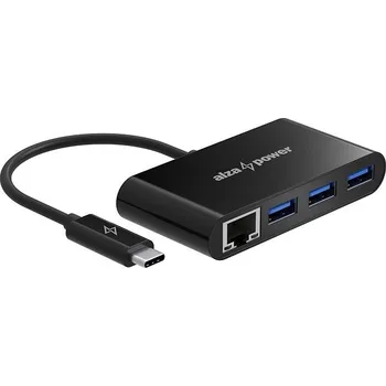 USB hub AlzaPower USB hub USB-C (M) na 3× USB-A 3.0 (F) s RJ45 černý