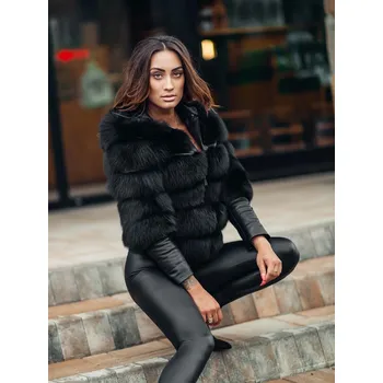 Dámský kožich Luxusní krátká jehněčí kožená bunda s bohatou kožešinou z pravé lišky černá, VELIKOST L