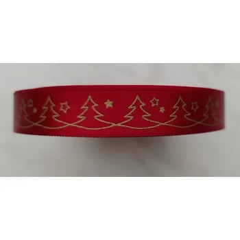 Stuha Vánoční stuha atlasová oboulící šíře 15mm vanoční stromky návin 20 metrů - tmavě červená/zlatá